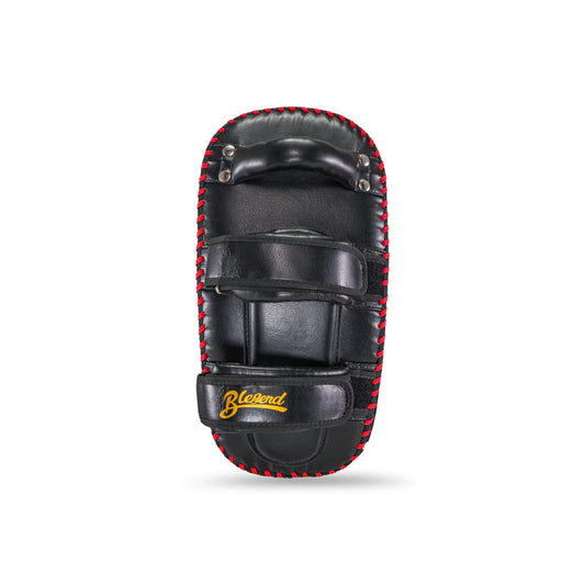 Black leather Blegend Thai Pads Big bokuard kick pad with red stitching and gold logo
