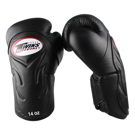 Twins Special BGVL6 14 oz black leather boxing gloves with flame design